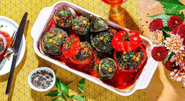 Фаршированные овощи с фаршем и нутом в духовке, пошаговый рецепт с фото на 448 ккал Фаршированные овощи с фаршем и нутом в духовке, пошаговый рецепт с фото на 448 ккал